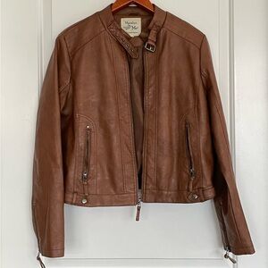 Maralyn & Me Brown Vegan Leather Bomber Jacket with Buckle Collar Moto Zipper